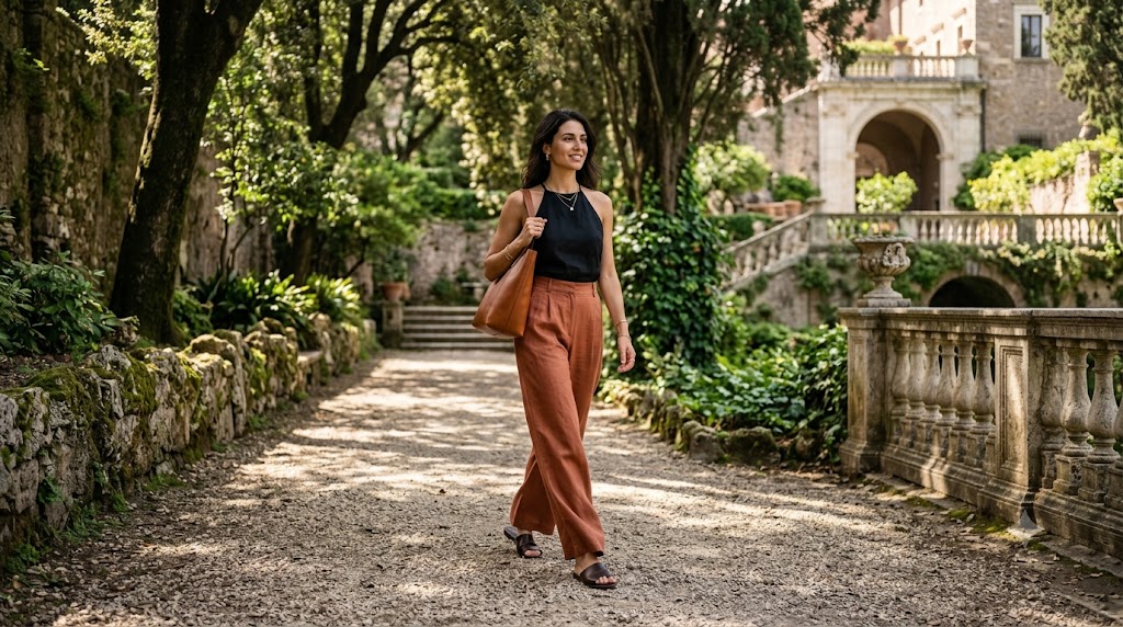 Black Linen Halter Top & High-Waisted Terracotta Wide-Leg Pants
